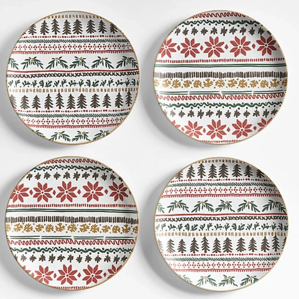 New! Crate&Barrel Nordic Fair Isle Stoneware Salad Plates, Set of 4